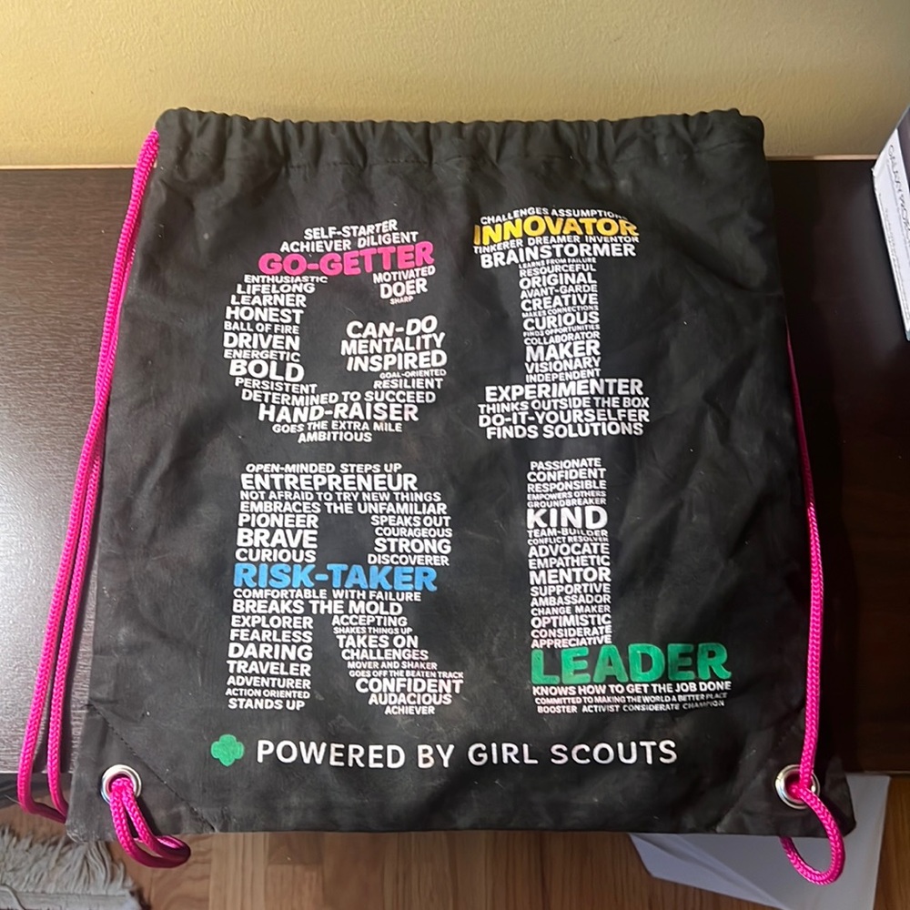 2 Girl Scout Bags Drawstring Backpack lined used and New crossbody